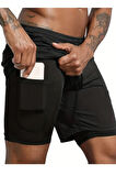 Sporcu Şortu, Alt Siyah Tayt Görünümlü Çok Cepli Taytlı Spor Şortu