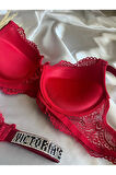 Dantelli Lastiği Taşlı Balenli Destekli Dolgulu Push Up Kırmızı Sütyen Ve String Iç Çamaşırı Takımı
