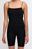 Siyah Kadın İnce İp Askılı Crop Top Büstiyer - Lones