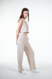 Bej Kadın Keten Görünümlü Nervür Detaylı Bol Kalıp Wide Leg Pantolon - Nomte