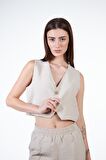 Bej Kadın Keten Görünümlü Crop Yelek - Rebeca