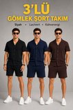 Erkek 3’lü Krep Kumaş Cepli Gömlek Şort Takım Kısa Kollu Bağcıklı - Siyah , Lacivert , Kahverengi -MİRAYLİFE