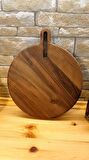 F&S WoodArt Ceviz Ağacı Doğal Ahşap Saplı Kesme Pizza Sunum Et Ekmek Tahtası Yuvarlak 30 Cm Çap