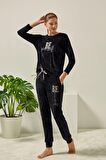 Kadın Pijama Takımı Kadife Uzun Kollu Kışlık Spor