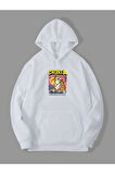 3 İplik Catzilla Baskılı Beyaz Kanguru Cepli Kapüşonlu Sweatshirt Hoodie | S