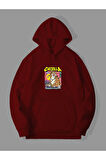 3 İplik Catzilla Baskılı Kırmızı Kanguru Cepli Kapüşonlu Sweatshirt Hoodie | M