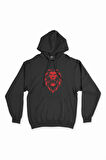 Kırmızı Aslanlı Siyah Kapşonlu Sweatshirt Hoodie