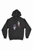 Astronot ve Roket Siyah Kapşonlu Sweatshirt Hoodie