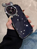 Yansıt iPhone 15 Uyumlu Taşlı Minnie Mouse Kulaklı Taşlı Metalik Çerçeveli Şeffaf Silikon Kılıf