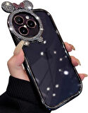  iPhone 11 Uyumlu Taşlı Minnie Kulaklı Işıltılı Şeffaf Silikon Kılıf