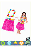 Hawaii Luau Aloha Pembe Püsküllü 40Cm Etek ve Hawaii Kolye Seti 1 Gram Kız Erkek Çocuk Oyuncakları E