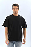 Unisex Oversize Düz Bisiklet Yaka T-Shirt - Siyah