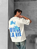 Ön ve Arka Baskılı Oversize Bisiklet Yaka T-shirt- Beyaz