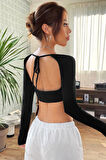 Kadın Siyah Uzun Kol Göğüs Ve Sırt Dekolteli Crop Top Bluz