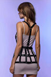 Kafes Tasarımlı Askılı Mini Elbise Üzeri Deri Harness - Brf1252