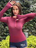  Bordo Fermuarlı Su Geçirmez Fitted Uzun Kollu Bluz T-shirt
