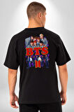 BTS 2 K-pop Müzik Grubu Pamuklu Kadın Erkek Oversize Sırt Dijital Baskılı Siyah T-shirt