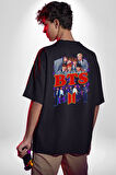 BTS 2 K-pop Müzik Grubu Pamuklu Kadın Erkek Oversize Sırt Dijital Baskılı Siyah T-shirt