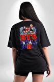 BTS 2 K-pop Müzik Grubu Pamuklu Kadın Erkek Oversize Sırt Dijital Baskılı Siyah T-shirt