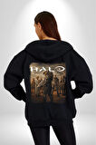 Halo Oyun Karakterleri Kadın Erkek Siyah Kapüşonlu Fermuarlı Baskılı Hırka Sweatshirt