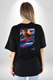 Kara Şimşek Knight Rider Pamuklu Kadın Erkek Oversize Sırt Dijital Baskılı Siyah T-shirt