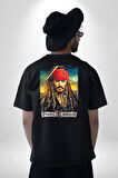 Karayip Korsanları Pamuklu Kadın Erkek Oversize Sırt Dijital Baskılı Siyah T-shirt