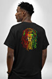 Bob Marley Aslan Pamuklu Kadın Erkek Oversize Sırt Dijital Baskılı Siyah T-shirt