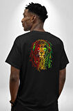 Bob Marley Aslan Pamuklu Kadın Erkek Oversize Sırt Dijital Baskılı Siyah T-shirt