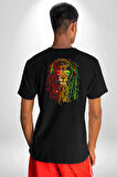 Bob Marley Aslan Pamuklu Kadın Erkek Oversize Sırt Dijital Baskılı Siyah T-shirt
