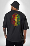 Bob Marley Aslan Pamuklu Kadın Erkek Oversize Sırt Dijital Baskılı Siyah T-shirt