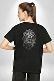 Aslan Karizma Sert Bakış Pamuklu Kadın Erkek Oversize Sırt Dijital Baskılı Siyah T-shirt