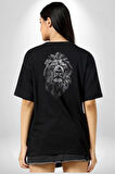 Aslan Karizma Sert Bakış Pamuklu Kadın Erkek Oversize Sırt Dijital Baskılı Siyah T-shirt