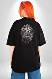 Aslan Karizma Sert Bakış Pamuklu Kadın Erkek Oversize Sırt Dijital Baskılı Siyah T-shirt