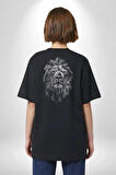 Aslan Karizma Sert Bakış Pamuklu Kadın Erkek Oversize Sırt Dijital Baskılı Siyah T-shirt