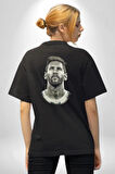 Messi Spor Futbol Kahramanı Pamuklu Kadın Erkek Oversize Sırt Dijital Baskılı Siyah T-shirt