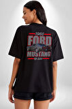 1965 Ford Mustang GT 500  Pamuklu Kadın Erkek Oversize Sırt Dijital Baskılı Siyah T-shirt