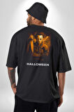 HALLOWEEN Korku Sineması Pamuklu Kadın Erkek Oversize Sırt Dijital Baskılı Siyah T-shirt
