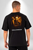 HALLOWEEN Korku Sineması Pamuklu Kadın Erkek Oversize Sırt Dijital Baskılı Siyah T-shirt