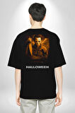 HALLOWEEN Korku Sineması Pamuklu Kadın Erkek Oversize Sırt Dijital Baskılı Siyah T-shirt