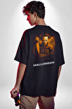 HALLOWEEN Korku Sineması Pamuklu Kadın Erkek Oversize Sırt Dijital Baskılı Siyah T-shirt
