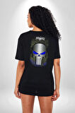Punisher Pamuklu Kadın Erkek Oversize Sırt Dijital Baskılı Siyah T-shirt
