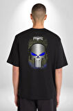 Punisher Pamuklu Kadın Erkek Oversize Sırt Dijital Baskılı Siyah T-shirt