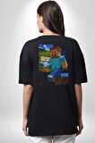 MineCraft Steve Pamuklu Kadın Erkek Oversize Sırt Dijital Baskılı Siyah T-shirt