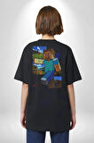MineCraft Steve Pamuklu Kadın Erkek Oversize Sırt Dijital Baskılı Siyah T-shirt