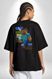 MineCraft Steve Pamuklu Kadın Erkek Oversize Sırt Dijital Baskılı Siyah T-shirt