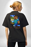 MineCraft Steve Pamuklu Kadın Erkek Oversize Sırt Dijital Baskılı Siyah T-shirt