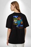 MineCraft Steve Pamuklu Kadın Erkek Oversize Sırt Dijital Baskılı Siyah T-shirt