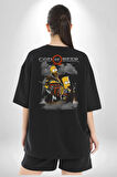 GOD OF BEER Simpson  Pamuklu Kadın Erkek Oversize Sırt Dijital Baskılı Siyah T-shirt