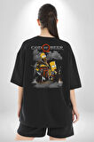 GOD OF BEER Simpson  Pamuklu Kadın Erkek Oversize Sırt Dijital Baskılı Siyah T-shirt