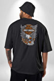 Motor Harley Davidson Pamuklu Kadın Erkek Oversize Sırt Dijital Baskılı Siyah T-shirt